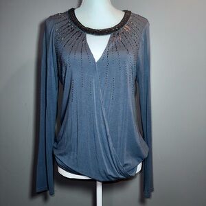 BKE Boutique Embellished Surplice Long Sleeve Top M — Beaded Neckline & Sequins